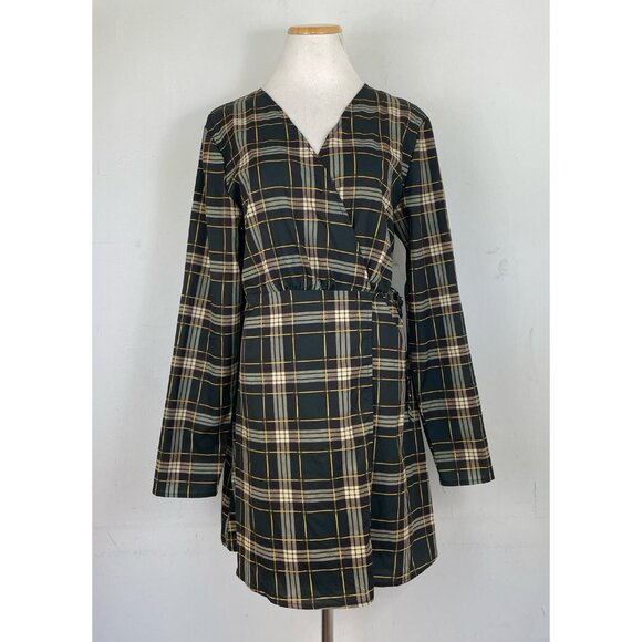 Pretty Little Thing Dress Size 14 NEW Green Tartan Plaid Wrap Long Sleeve Mini - Picture 1 of 6